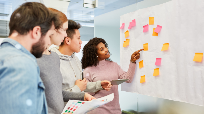 A diverse group of four young adults is collaborating around a large whiteboard covered in orange and pink sticky notes. A Black woman in a pink sweater is pointing at a sticky note on the board and speaking. To her left, three other individuals are looking at the board, one holding a color palette. They appear to be engaged in a brainstorming or planning session.
