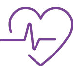 A purple outline of a heart with a jagged line, resembling a heartbeat or EKG, running horizontally through its center.