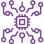 An icon featuring a purple outline of a microchip or CPU in the center, with lines and circles radiating outwards from its corners, resembling a circuit board or network. This signifies technology, processing, or interconnected systems.