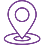 An icon featuring a purple outline of a map pin or location marker, with a circle at its base representing a point on a map. This icon represents location, mapping, or a point of interest.