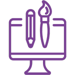 An icon featuring a purple outline of a desktop computer monitor. On the screen, a purple outline of a pencil is on the left and a purple outline of a paint brush is on the right, suggesting creative or design-related tasks on a computer.