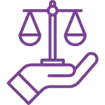 An icon featuring a purple outline of a hand holding a balancing scale, set against a solid black background. This symbol typically represents justice, balance, or fairness.