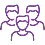 An icon on a black background displaying three purple outlined figures, representing people or a group. One figure is in the foreground, with two others positioned slightly behind and to its sides, suggesting a team or community.