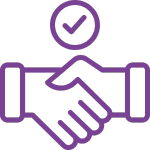 An icon depicting two hands shaking in a handshake, outlined in purple. Above the handshake, a purple circle with a checkmark inside indicates agreement or completion.
