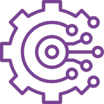 An icon on a black background, featuring a purple outline of a gear on the left, integrated with a circuit board pattern on the right. The circuit board has a central circle connected to four smaller circles by lines, suggesting a digital or technological process.