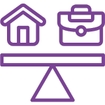 An icon depicting a purple outline of a house on the left side of a seesaw, balanced with a purple outline of a briefcase on the right side. The seesaw itself is a simple purple outline of a plank balanced on a triangle.
