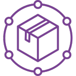 An icon featuring a purple outline of a cardboard box in the center, encircled by a purple outline of a ring with six small circles distributed evenly around its perimeter. The image likely represents supply chain or distribution.
