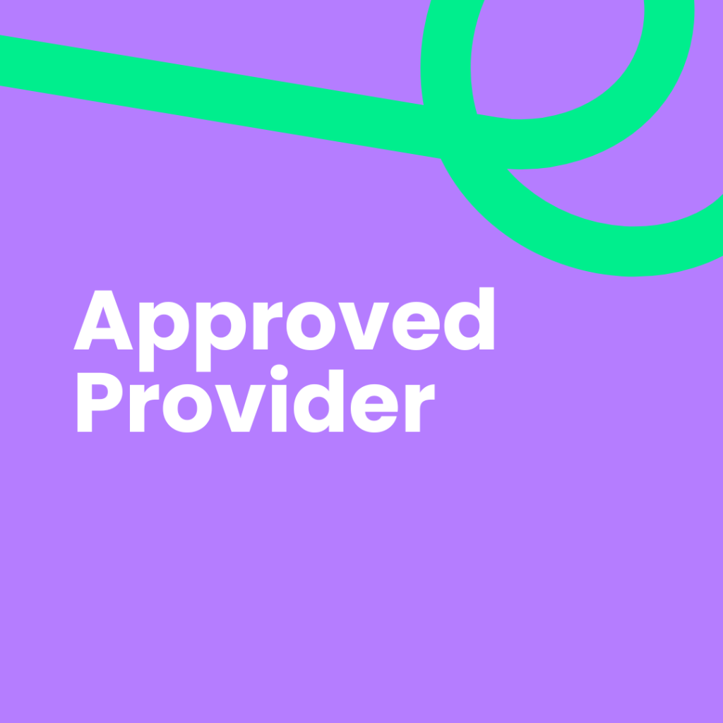 A vibrant purple background with large white text that reads "approved provider" in two lines. In the top right corner, a thick, looping bright green line extends into the frame. The image has slightly rounded corners.