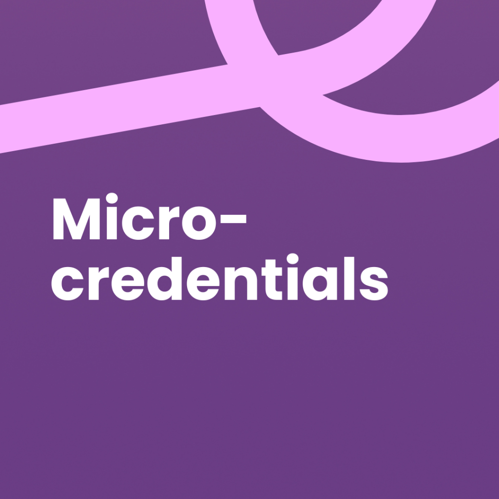 The image features the text "micro-credentials" in white, bold, sans-serif font, aligned to the left against a deep purple background. A thick, curving light pink line is visible across the top of the image.