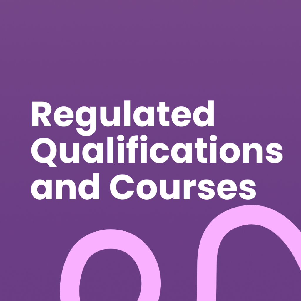 A dark purple background with large white text that reads "regulated qualifications and courses" in three lines. Below the text, a thick, rounded light pink abstract shape is visible in the bottom portion of the image. The image has slightly rounded corners.