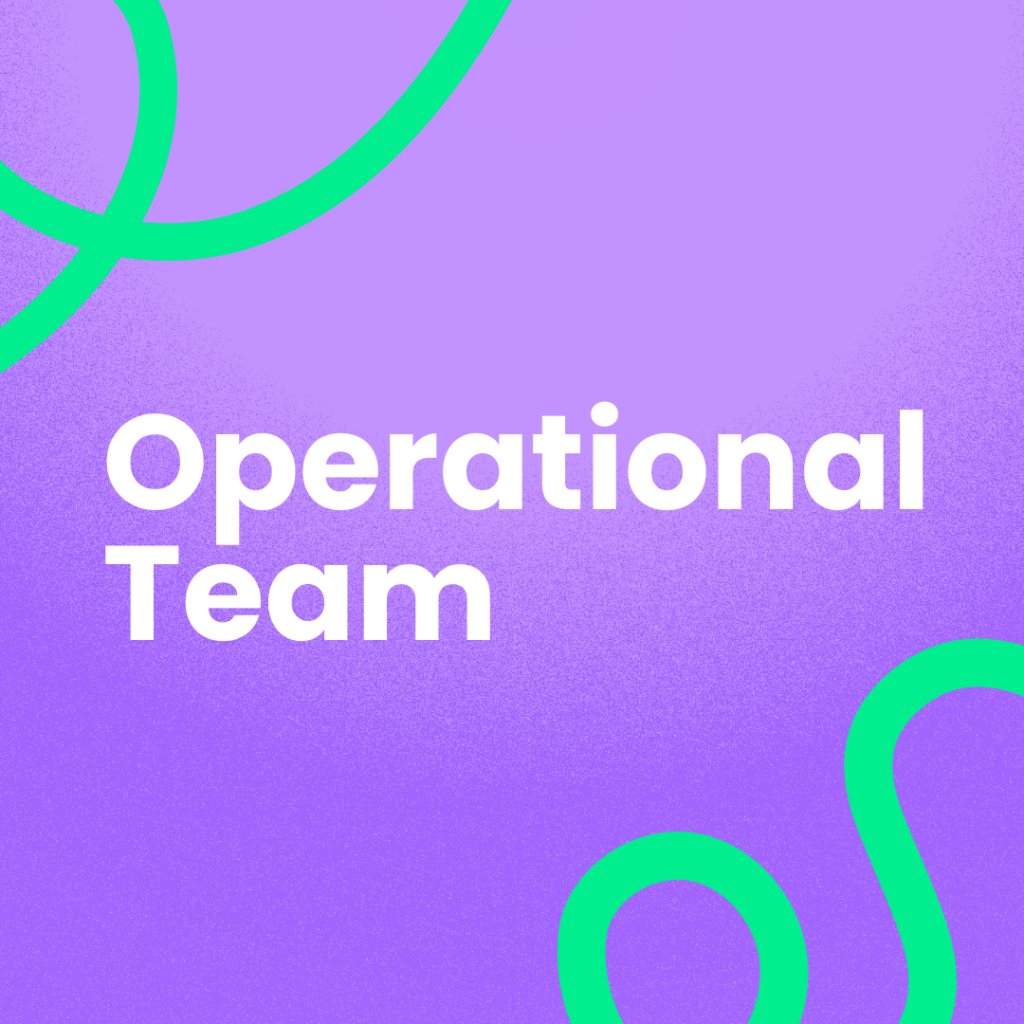 The image features the words "operational team" in white text against a lighter purple background. Two abstract, curved green lines are visible, one in the top right and the other in the bottom right corner.