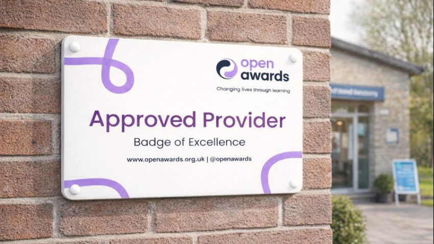 Open Awards Approved Provider Badge of Excellence plaque displayed outside an education provider’s building.